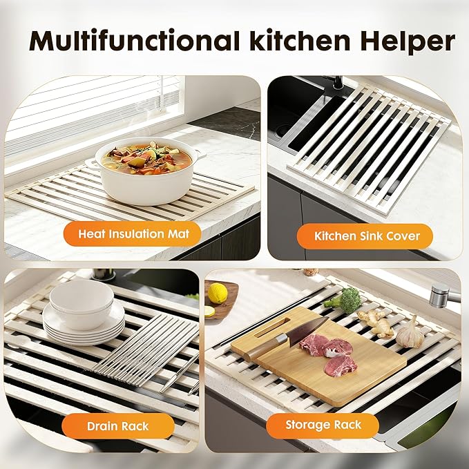 Foldable Over Sink Dish Drying Rack, Extra Wide & Thick Rust-Proof Aluminum Sink Cover for Counter Space, Collapsible Dish Drying Rack Fits Most Kitchen Sinks (White, 20.5“x13.6)