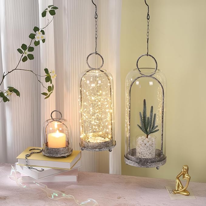 5"x7.5" Versatile Modern Metal Hurricane Lantern with Handmade Sturdy Glass Dome in Rustic Black for 3" Pillar Candle & Plants, Industrial, Farmhouse, Shabby Chic