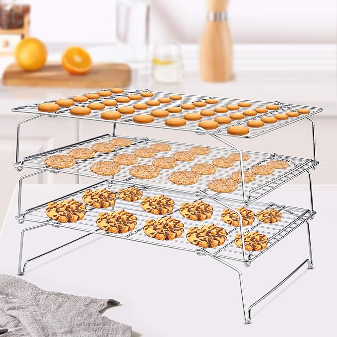 P&P CHEF Cooling Rack, 5-Tier Stainless Steel Stackable Baking Cooking Racks for Cooling Roasting Grilling, Collapsible & Heavy Duty, Oven Safe & Easy Clean, 16.5" x 11.4", Silver