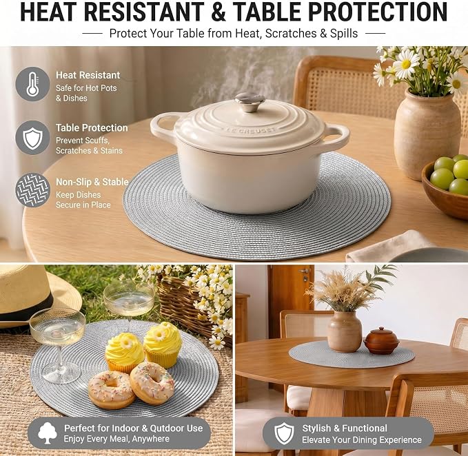 FunWheat Round Braided Placemats Set of 4 Table Mats for Dining Tables Woven Washable Non-Slip Place mats 15inch (Grey, 4pcs)