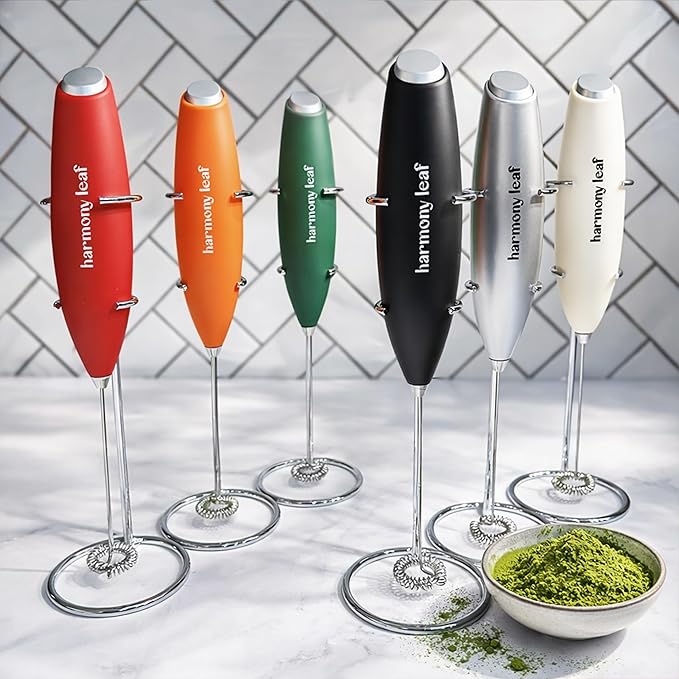 Harmony Leaf Handheld Milk Frother, Stainless Steel Electric Drink Mixer with Stand, Battery Operated Coffee Frother for Lattes, Matcha, Hot Chocolate and More, Orange