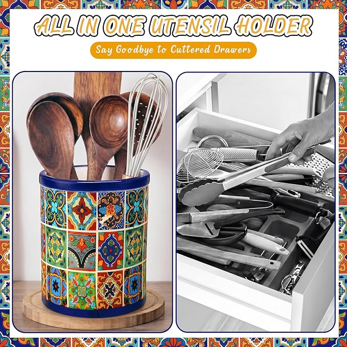 LemonRoad 6.7" H Talavera Utensil Holder for Kitchen Counter,Ceramic Cooking Utensil Crock Modern Farmhouse Countertop Organizer for Spatula Ladle Kitchen Counter Decor