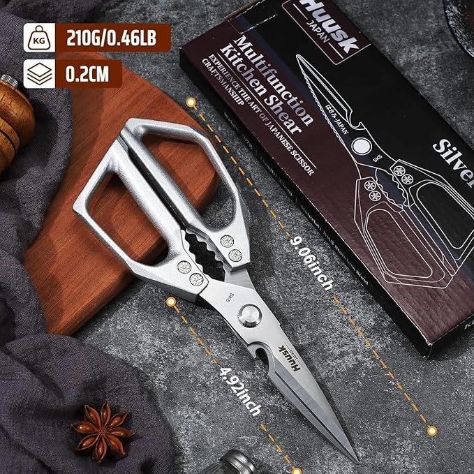 HUUSK Kitchen Scissors All Purpose - Stainless Steel Kitchen Shear, Sharp Silver Meat Scissors Dishwasher Safe, Heavy Duty Poultry Shears, Japanese Cooking Scissor for Food, Christmas Gifts for Women