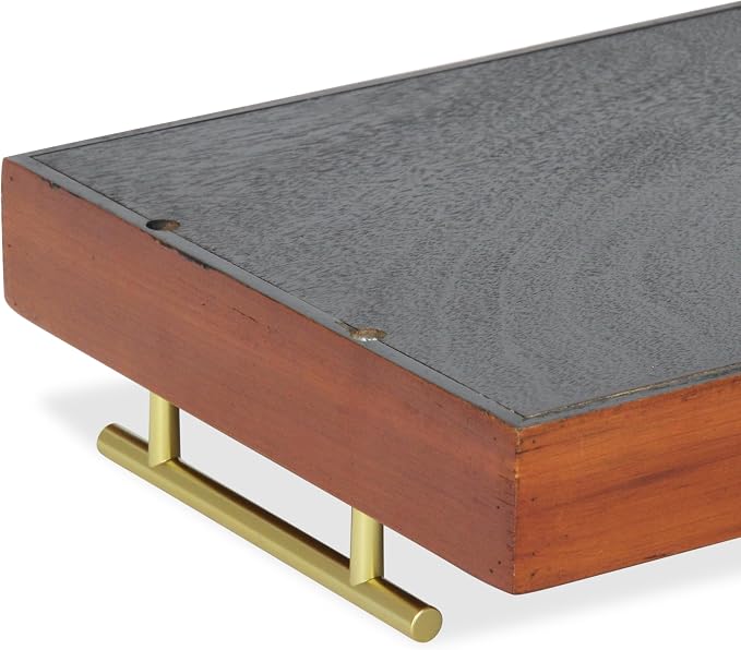 Coran Wooden Rectangle Tray | Gold Metal Handles | 6097BR