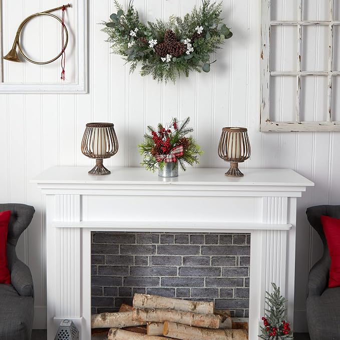 Nearly Natural 12in. Holiday Winter Pinecones, Berries, Greenery and Plaid Bow Artificial Christmas Table Arrangement (Pack of 3)