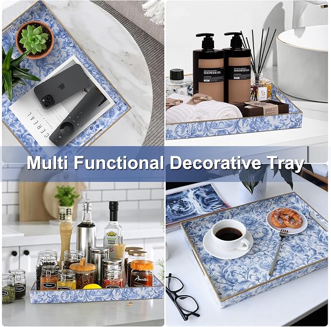 Serving Tray with Handles, Rectangular Plastic Tray 15.75x11.81 Inch, Blue and White Peony Chinese Porcelain Style Decorative Tray for Kitchen, Dining Table, Vanity, Office & Home