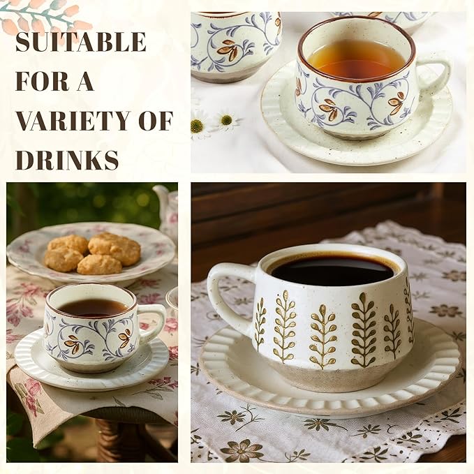 LemonRoad Vintage Tea Cup and Saucer Set of 2, 10oz Porcelain Coffee Mugs with Saucer for Latte Mocha Cappuccino Ceramic Teacups for Housewarming Wedding Gifts Kitchen Table Decor