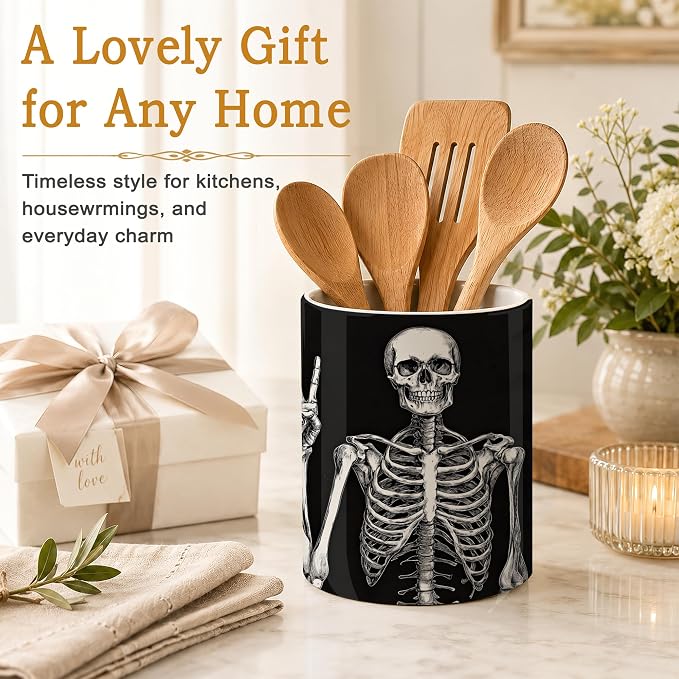 Utensil Holder for Countertop,Funny Skull Ceramic Utensil Crock Organizer for Home Kitchen Spoons,Spatulas and Cooking Tools