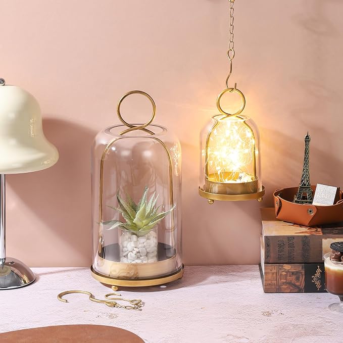 6" & 4" Wide Versatile Modern Metal Hurricane Lantern with Handmade Sturdy Glass Dome in Vintage Brass for Pillar Candle & Plants, Industrial, Farmhouse, Shabby Chic (Brass, 4"x7.5" &6.3"x11.2")