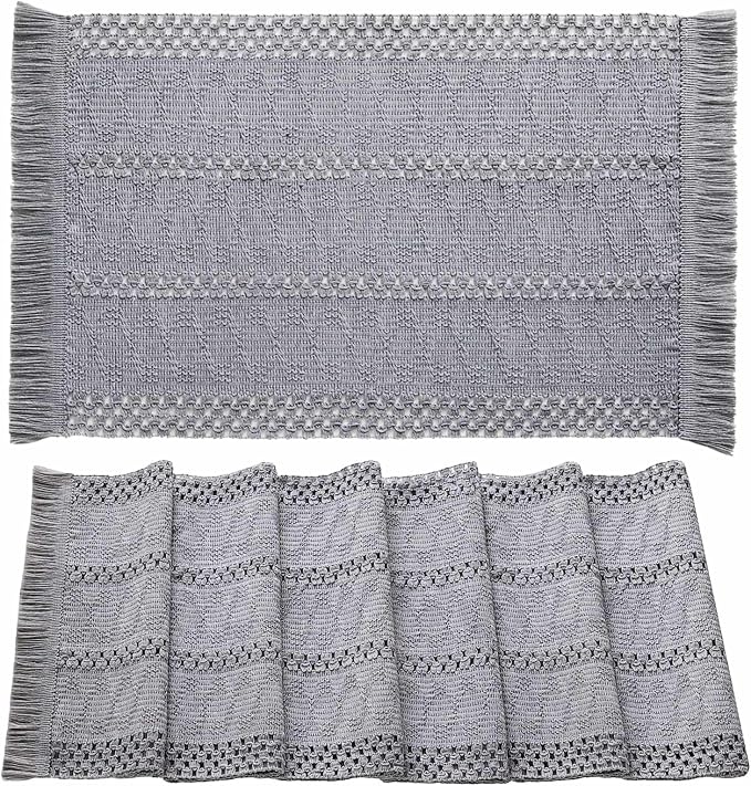 ZeeMart Macrame Style Boho Placemats Set of 6, Light Blue Grey 12x20 Inch | Decorative Farmhouse Table Mats, Natural Cotton Woven Place Mats, Bohemian Home Decor for Kitchen Dining Table