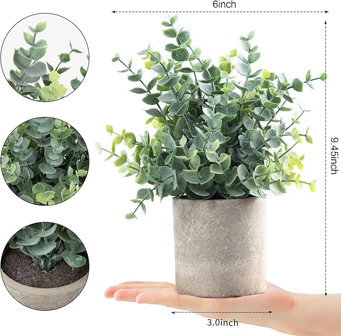 Coferset 2 Pack Small Fake Plants Eucalyptus Potted Artificial Plants for Shelf Desk Home Bathroom Farmhouse Room Coffee Table Decor (Sage Green)