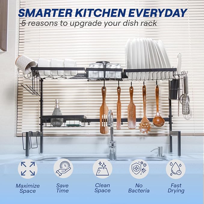 Over The Sink Dish Drying Rack - Adjustable 26.8"-34.6" Stainless Steel Large Dish Rack Over Sink Drying Rack with Utensil Holder, Black