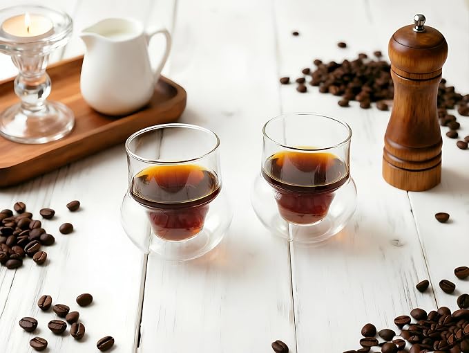 Double-Walled Espresso Cups,Small Unique Glass,Set of 2, 4oz | Handcrafted Espresso Glasses, Clear Borosilicate Glass, Dishwasher Safe, For Coffee Machines