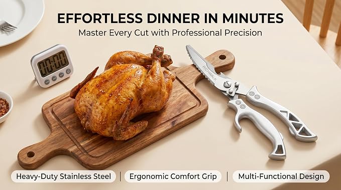 Kitchen Scissors - Heavy Duty Poultry Shears Sharp Cutting Food Chicken Bone Meat Vegetable for Cooking, Multipurpose Stainless Steel Utility Scissors, Safety Lock