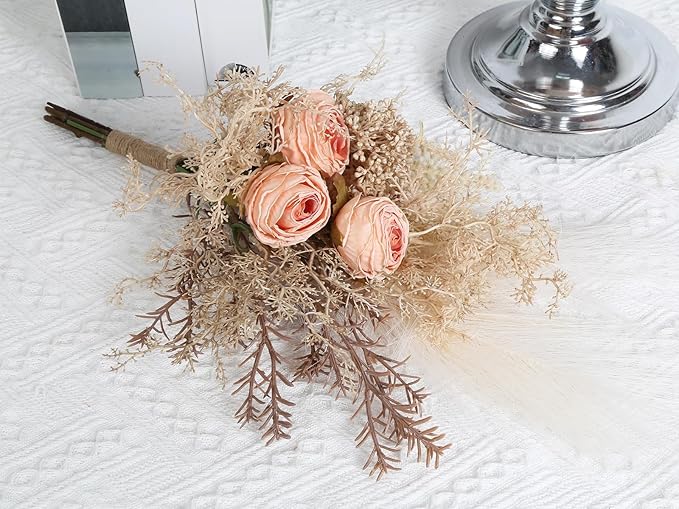 Fake Flowers Bouquet for Decorations Coral Boho Artificial Flowers Silk Flowers for Home Decor Indoor Boho Home Decor Flower Centerpieces for Coffee Table Decor (Coral Boho)