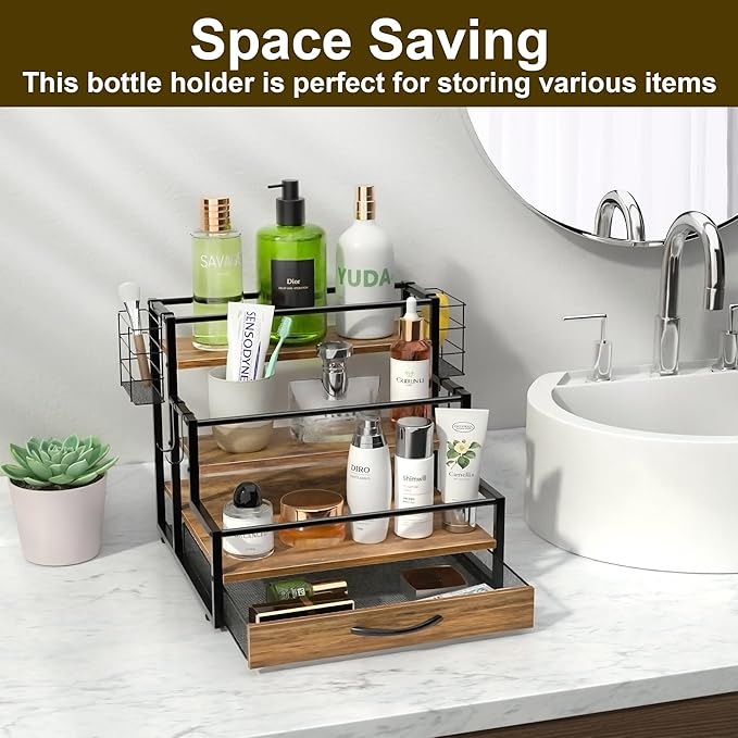 Coffee Syrup Organizer Rack, 4-Tier Syrup Bottle Holder Stand with 36 K Cup Pod Drawer Storage for Coffee Bar, 12 Bottles Storage Shelves for Syrup, Wine, Dressing for Kitchen Coffee Station