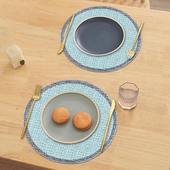 Niviy Blue Grey Ethnic Boho Round Placemats Set of 4, 15 Inch Linen Burlap Washable Durable Art Table Mats for Holiday Party Kitchen Dining Room Decoration
