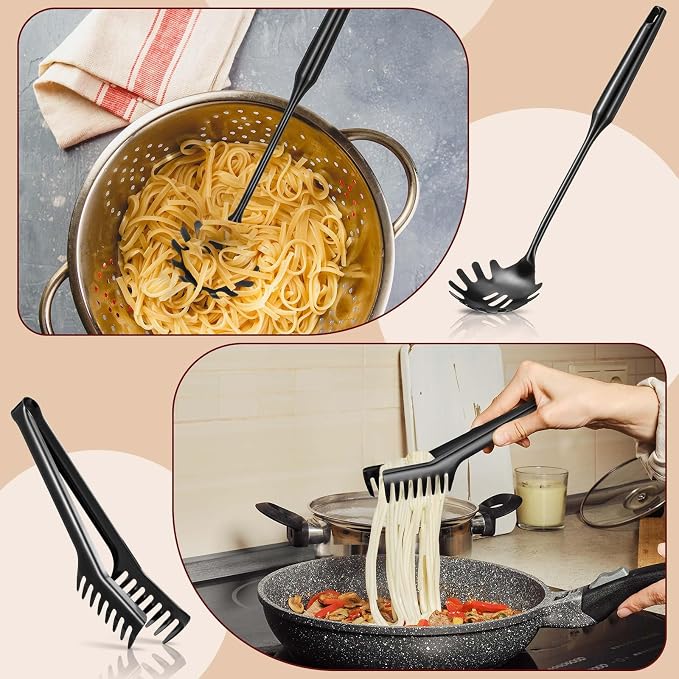 Patelai Stainless Steel Spaghetti Spoon and Pasta Tongs Set, Long Handle Noodle Server Tools with Drain Holes, Non-slip Grip for Cooking, Serving Pasta and Noodles(Black)