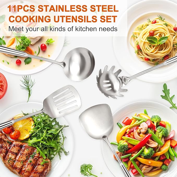 304 Stainless Steel Cooking Utensils Set, 16PCS Stainless Steel Kitchen Utensils Set, Metal Kitchen Utensils Set Include Meat Fork, Tongs, Turner, Soup Ladle, Dishwasher Safe