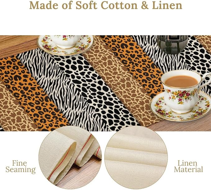 Leopard Print Table Runner, Wild African Savannah Animal Spotted Floral Leopard Animal Fur Table Decor Table Top Dining Kitchen Wedding Party 13x120 Inch