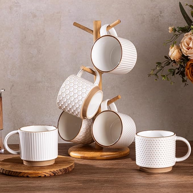 GBhome 12OZ Stackable Coffee Mugs Set of 6, Ceramic Coffee Mugs with Texture Patterns for Man,Woman,Dad,Mom, Modern Coffee Cups for Latte/Cappuccino/Cocoa. Dishwasher&Microwave Safe, Off White