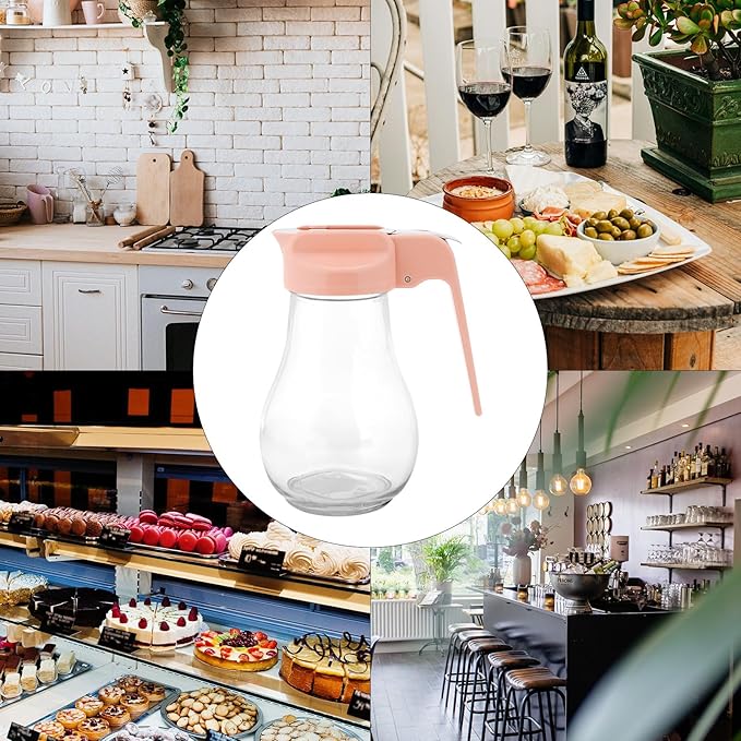 13.5oz Glass Syrup Dispenser with No-Drip Stainless Steel Spout - Honey Jar, Maple Syrup Pourer & Oil Cruet - Pink Kitchen Container for Pancakes & Waffles