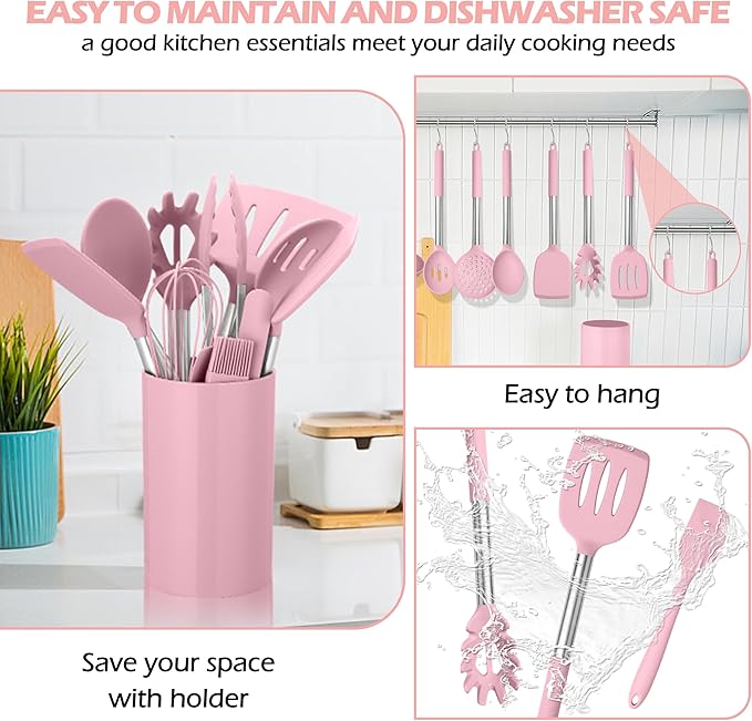 HaWare 29 PCS Silicone Cooking Utensils Set, Heat Resistant Kitchen Utensils Set with Stainless Steel Handle, Spatula Sets with Holder and Hooks, Kitchen Tools Gadgets for Nonstick Cookware -Pink