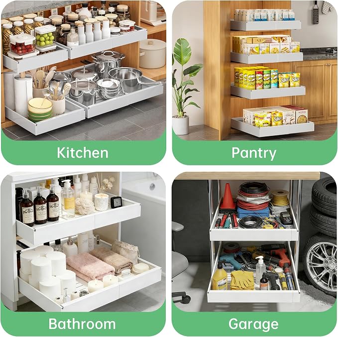 Pull out Cabinet Organizer, 2 pack, 16.5" Deep Heavy Slide out Drawers, Upgrade Three Triple-Slide Rail Systems, Expandable 12.8"-20.8" Roll out Shelf Storage for Kitchen Base Cabinet Organization