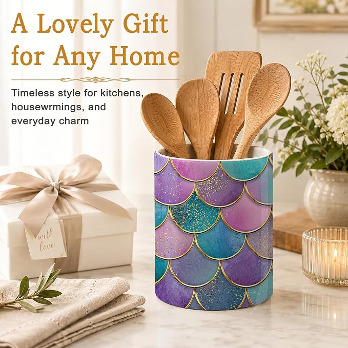 Mermaid Fish Utensil Holder for Countertop,Pink Scales Marble Ceramic Utensil Crock Organizer for Home Kitchen Spoons,Spatulas and Cooking Tools