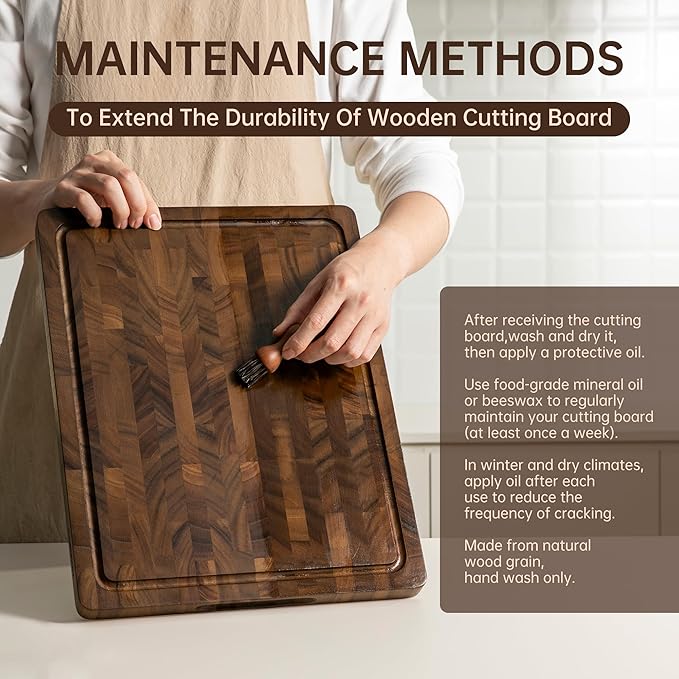 Walnut Wood Cutting Board, End Grain Cutting Boards for Kitchen, Woden Chopping Board with Inner Handle & Juice Groove, Reversible Butcher Block Meal Prep & Serving with Gift Box, 17"×13"×1"