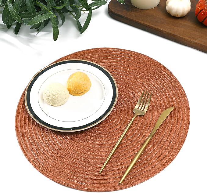 SHACOS Round Placemats Set of 8 Washable 15 inch Round Placemat Cotton Polyester Woven Braided Table Place Mats for Dining Table Wedding Party Decor, Dark Orange