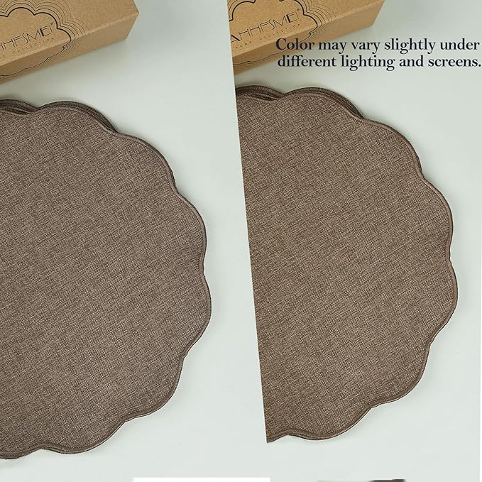 AHHFSMEI Round Faux Linen Placemats Set of 6 Heat Resistant Non-Slip Stain Proof Table Mats for Kitchen Dining Elegant Decor Place Mats (Brown,6)