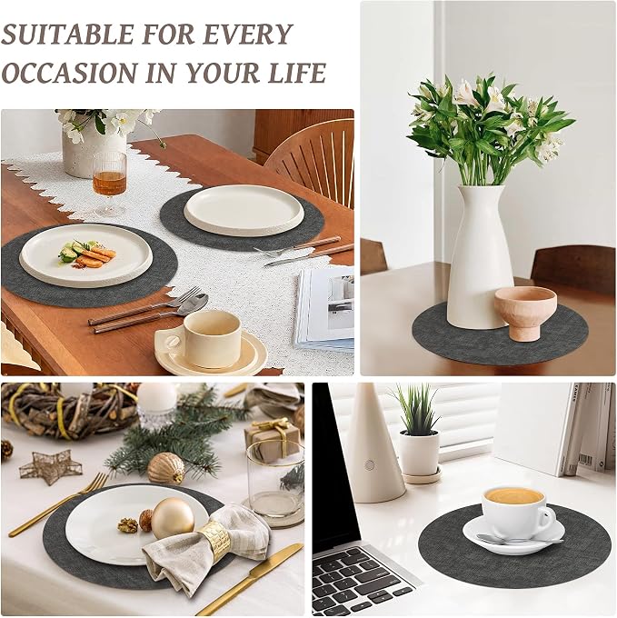 13"Round Placemats Set of 6, Reversible Faux Leather Heat Resistant Table Mats, 100% Waterproof Oilproof Wipeable Table Protective Placemats for Vinyl, Washable for Indoor & Outdoor Use (6, Deep Gray)