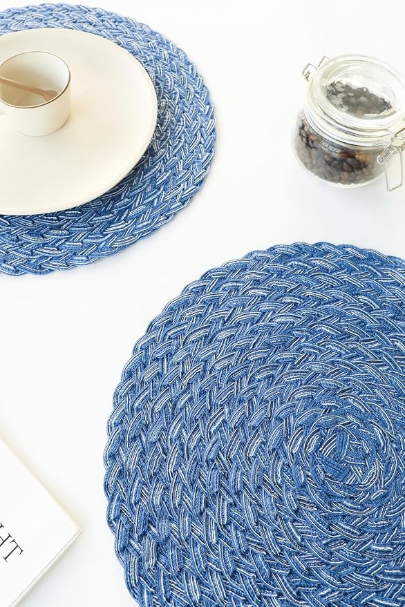 Floroom 15 Inch Round Braided Placemats Set of 4, Washable Heat Resistant Cotton Polyester Circle Boho Place Mats for Kitchen Dining Table - Seascape Blue