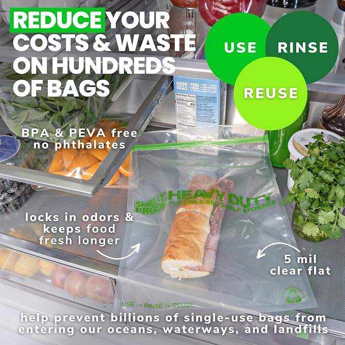 Smelly Proof REUSABLE STORAGE BAGS, Extra Large HEAVY DUTY 5-mils US-Made, BPA FREE, NO PEVA, Dishwasher-Safe Reusable Freezer Bags Triple Zip CLEAR FLAT XL 2-Gallon 12" x 16" - 5pk