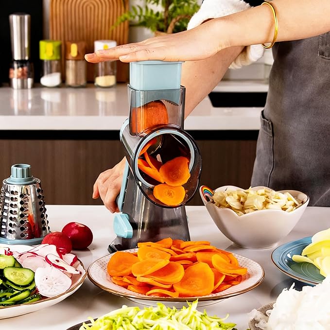 KalraMay Cheese Grater,Rotary Cheese Grater with Handle, Multifunctional Rotary Cheese Shredder Effortlessly Grates Cheese, Vegetables, and Fruits (Blue)