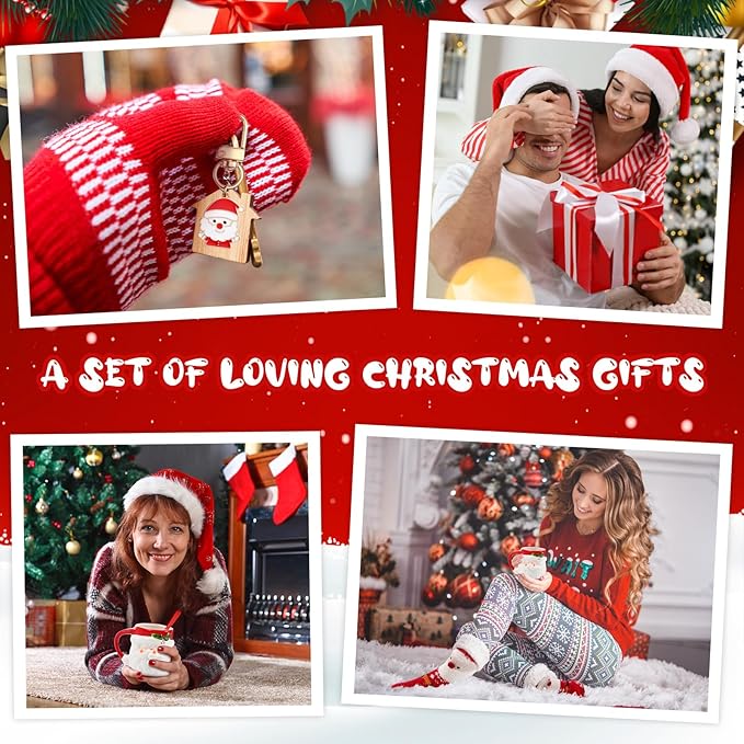 Sliner 4 Pcs Santa Mug Gifts Set Include Christmas Coffee Mugs 17 oz with Red Spoons Funny Winter Fuzzy Socks Mini Santa Claus Keychains Hot Chocolate Cup for Women Men Xmas Holiday Birthday Gifts