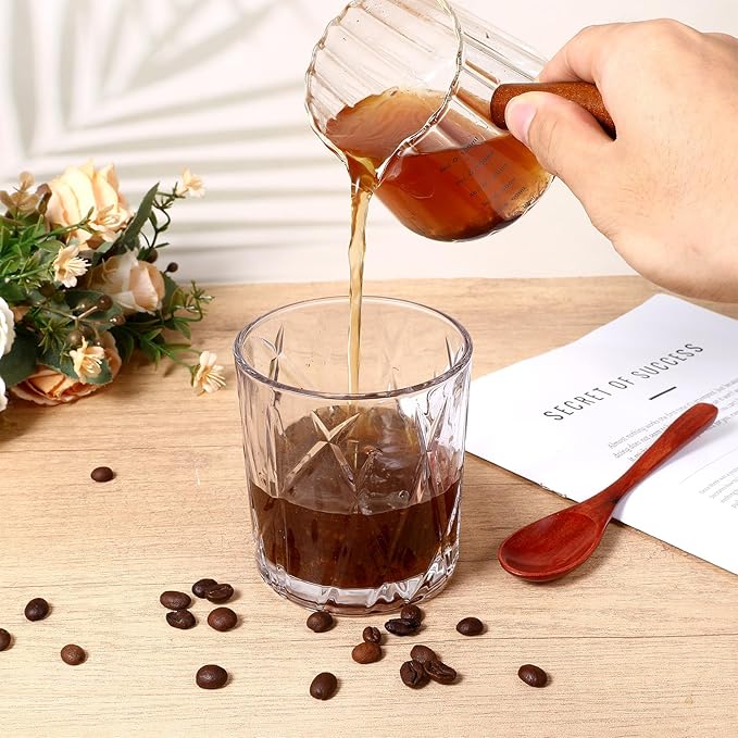 4 Pcs 6 Oz/180 ml Espresso Shot Glass with Wood Handle, Espresso Accessories, Single Spouts Milk Frother Measuring Cup with Clear Scale Heat Resistant for Coffee Milk Tea Syrup