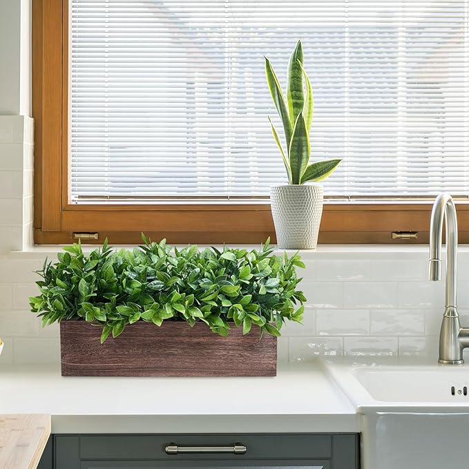 Winlyn 14" Artificial Boxwood Plants in Rectangular Wood Planter Farmhouse Greenery Arrangement Centerpiece Faux Potted Herb Plant for Wedding Dining Room Table Kitchen Windowsill Mantel Shelf Décor