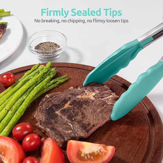600ºF Heat Resistant Kitchen Tongs: U-Taste 9 inch Silicone Cooking Tong with Firm Sealed Non Stick Rubber Tips & Silicon Coated 18/8 Stainless Steel Handle & Smooth Locking for Serving Salad-Aqua Sky