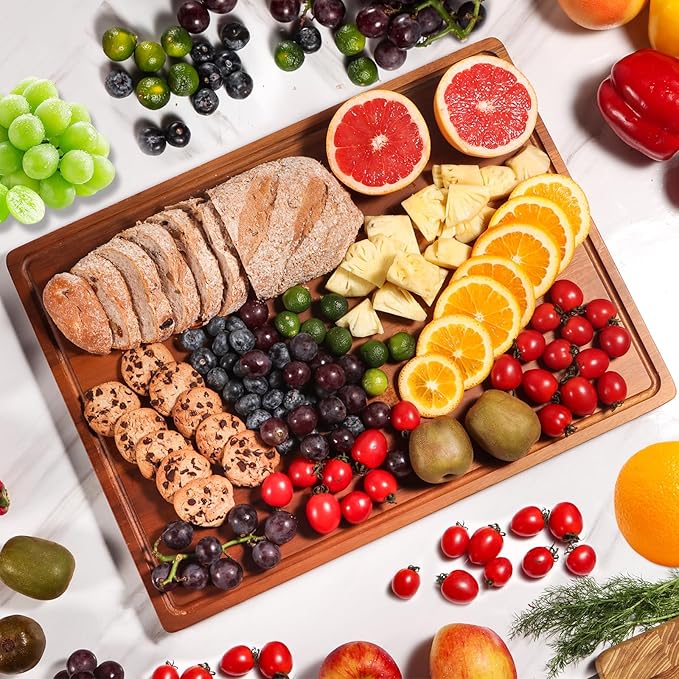 Extra Large Cutting Board, Wood Cutting Boards for Kitchen, Thick Chopping Board with Deep Juice Groove and Handles, Wooden Charcuterie Board for Meat, Turkey, fruit and cheese. (20x15x1 inch)