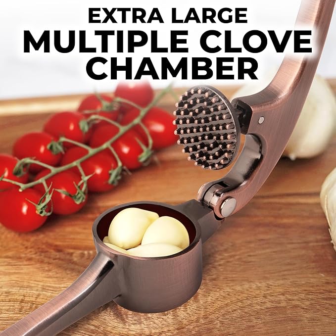 Zulay Kitchen Large Premium Garlic Press Set - Bigger Bowl for Bigger Garlic - Rust Proof Garlic Mincer Tool - Easy-Squeeze, Easy-Clean Silicone Garlic Peeler & Brush (Copper)