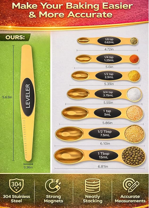 Magnetic Measuring Spoons Set with Strong N45 Magnets, Heavy Duty Stainless Steel Metal, Fits in Most Kitchen Spice Jars for Baking & Cooking, BPA Free, Multicolor, Set of 8 with Leveler(Gold)