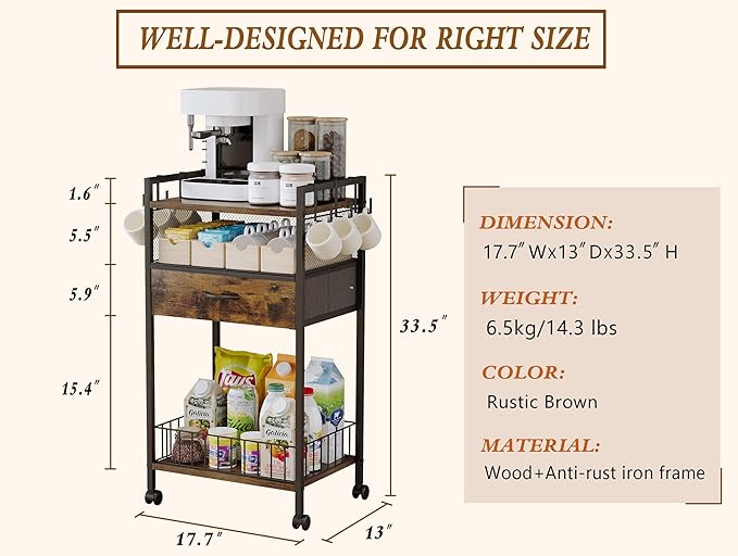 Small Coffee Bar Cart with Drawer Srorage, Office Coffee Bar Station Organizer Mug Cup Holder Stand, K Cup Holder Rack for Home Buffets & Sideboards for Kichen, Entryway, Living Room (Black)