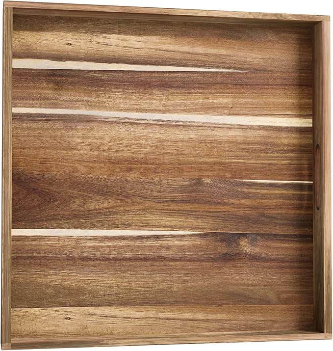 MAONAME Extra Large Square Ottoman Tray, 22" Acacia Wood Serving Tray for with Handles, Farmhouse Wooden Decorative Trays, Coffee Table Trays for Living Room, Countertop, Charcuterie