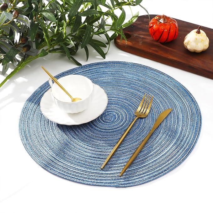 SHACOS Round Braided Placemats Set of 6 Circle Place Mats Kitchen Table Mats for Dining Table Wedding Party (Blue Gray, 6)