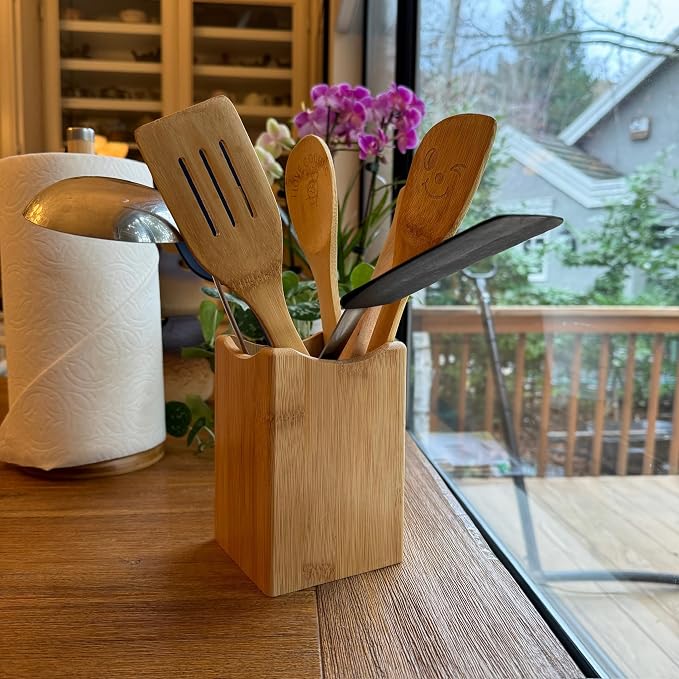 JapanBargain, 2-Pack Bamboo Cooking Spatula Utensil Holders, Counter Top Organizer for Chopsticks Flatware, Cooking Tools, Spoons, 4x4x5.5 inch
