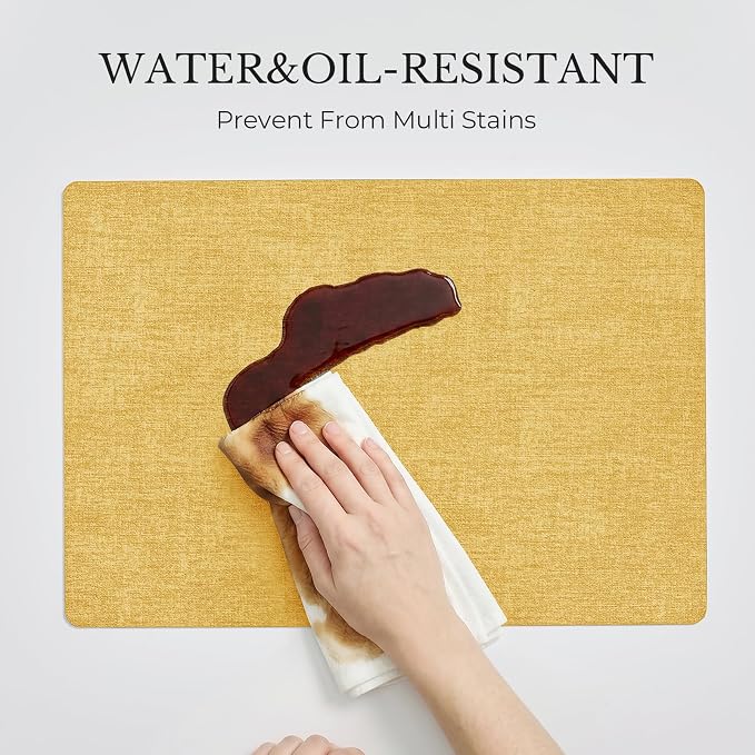 Romanstile Vinyl Placemats Set of 8, Reversible Faux Leather Heat Resistant Wipeable Table Mats, Waterproof Washable Non-Slip Table Placemats for Dining/Kitchen/Party/Outdoor (Grey Yellow, 12" x 17")