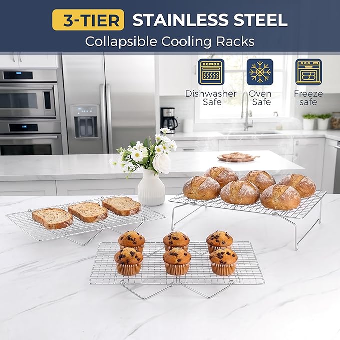 E-far 3-Tier Collapsible Cooling Rack for Cooking and Baking - 15”x10” Stackable Tight-Wire Stainless Steel Cookie Rack for Baking Sheet, Oven, Roasting, Dishwasher Safe & Space Saving