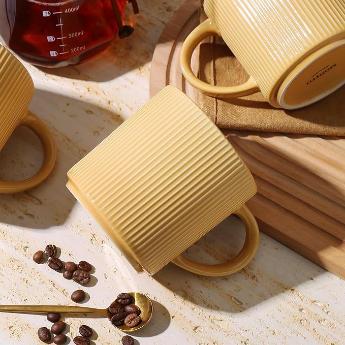 MONITO 16Oz Coffee Mugs Set of 4, Rustic Ceramic Coffee Cups Set with Large Handle, Vintage Striped Stoneware Coffee Mugs for Latte, Cocoa, Tea, Milk, Microwave & Dishwasher Safe, Lemon Yellow